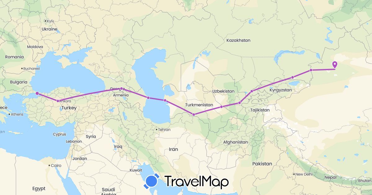 TravelMap itinerary: train in Azerbaijan, China, Georgia, Kazakhstan, Turkmenistan, Turkey, Uzbekistan (Asia)